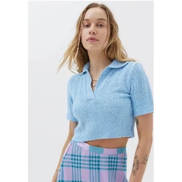 Urban Outfitters Women's Andrea Cropped Sweater Polo Size Large Spring Festival - Picture 3 of 7